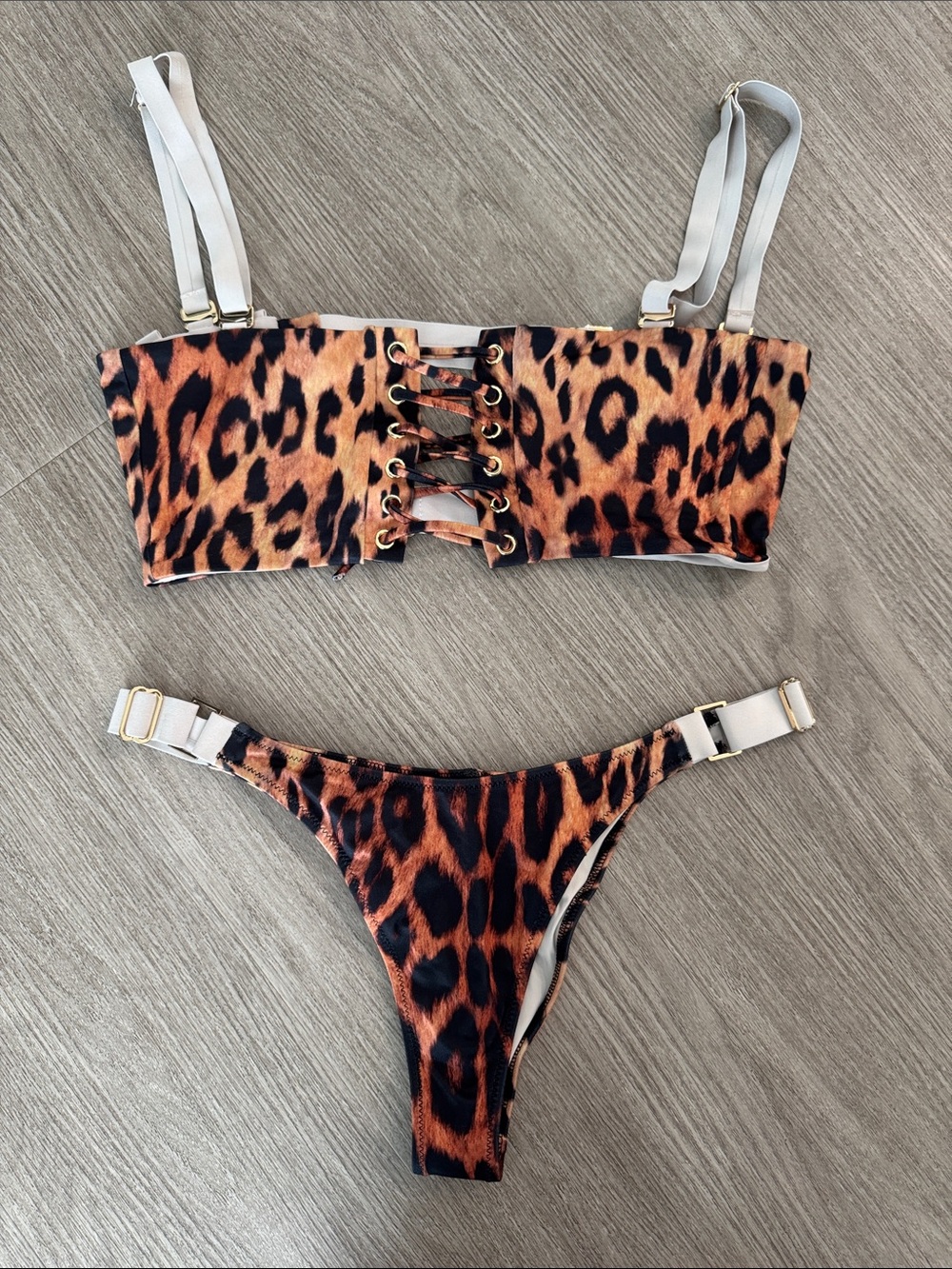 Leopard Lace-Up Bandeau Bikini Set - Brown